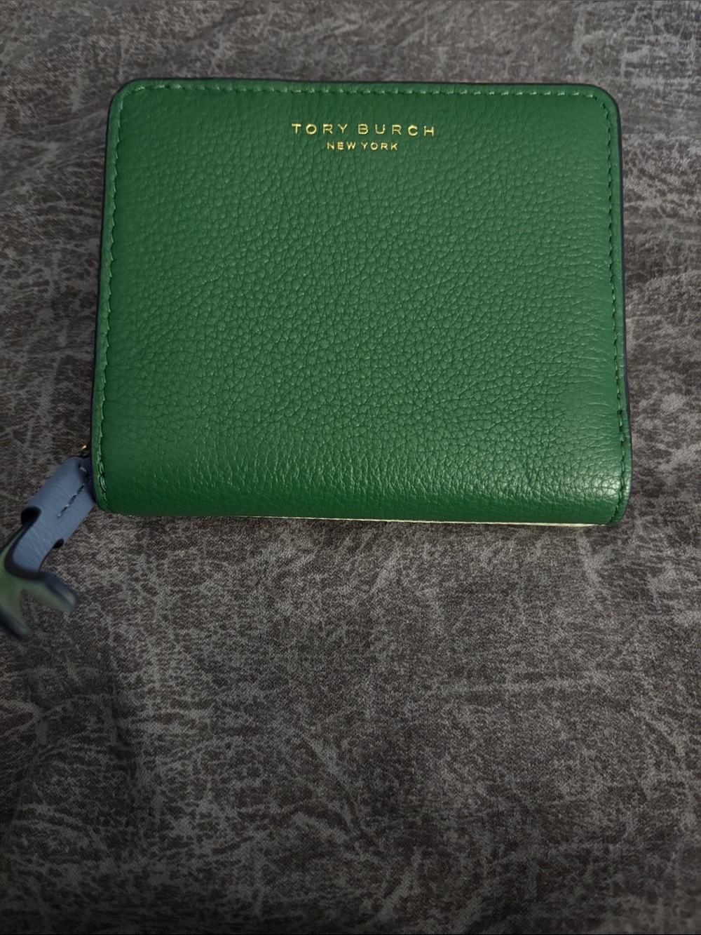 Tory Burch Pebbled Green Compact Wallet with Gold Logo